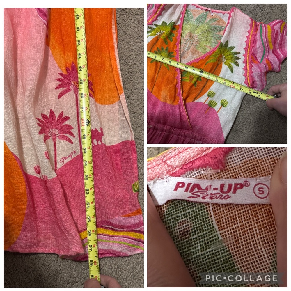 Pin-Up Stars Linen Maxi Dress-Sz S-Flutter Sleeve-Pink/Orange/Green-Sexy V Neck - Picture 14 of 17